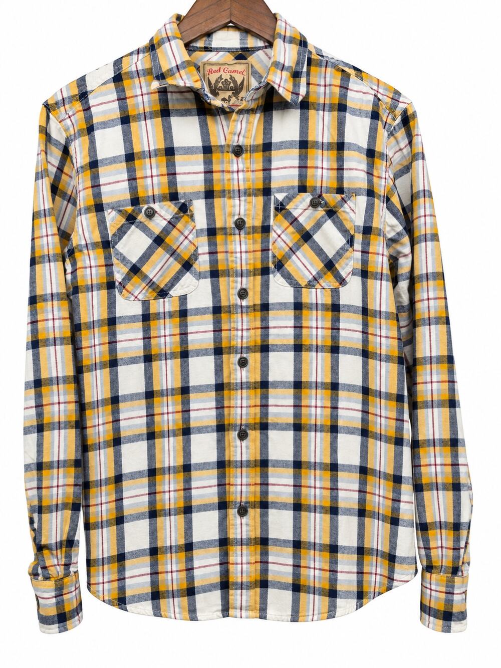 Red Camel Plaid Flannel Shirt L Broken Arrow Ranch Buffalo Western Patch